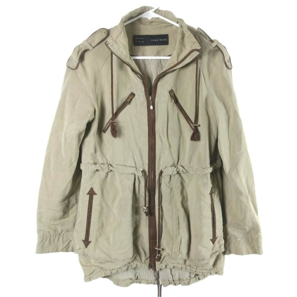 Zara Utility Jacket Womens XS Khaki Safari Streetwear Epaulettes Drawstring